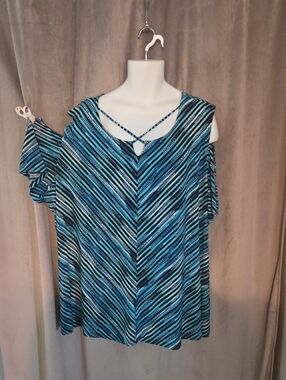 Catherines 5X Blue & Black Striped Cold-Shoulder Tunic with Crisscross Neckline